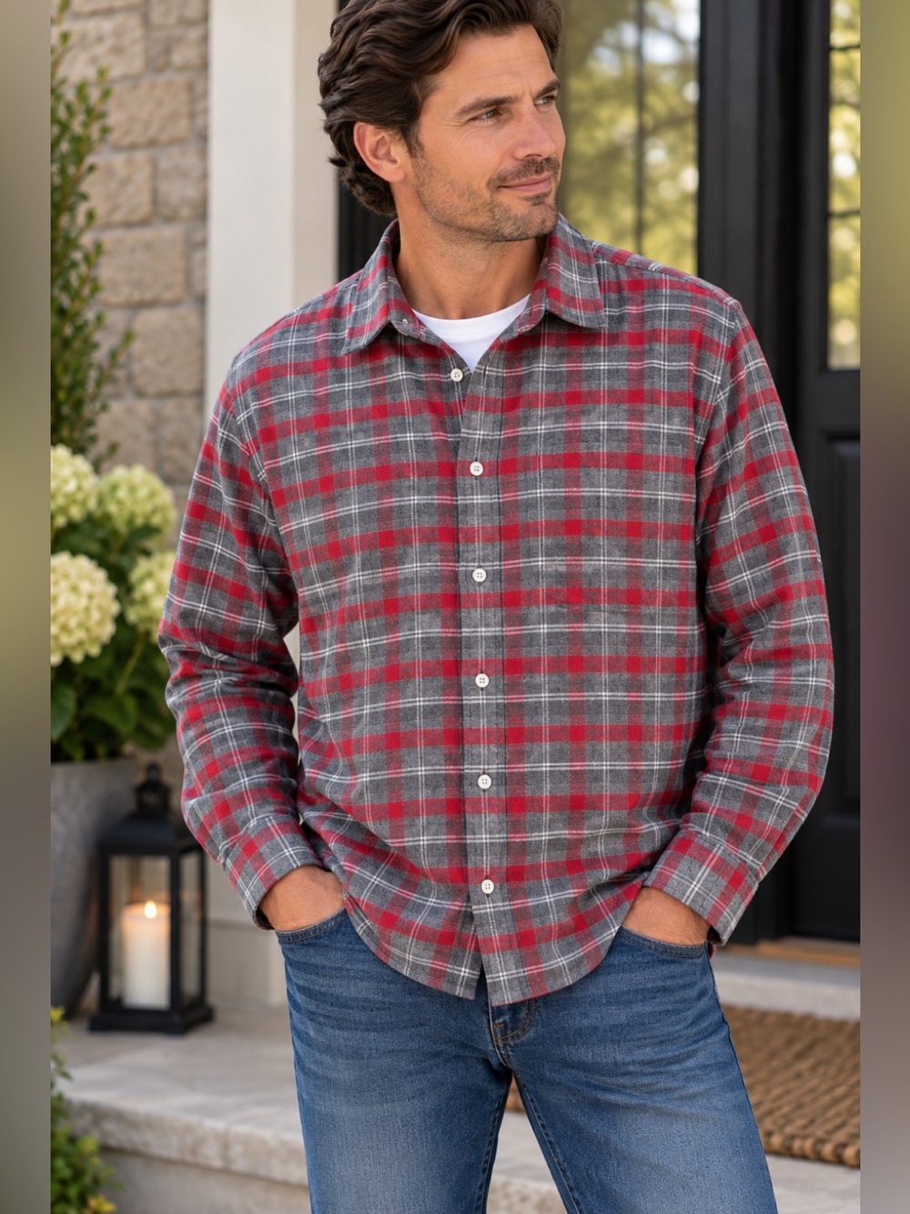 UNTUCKit Men’s XXL Relaxed Fit Red Grey Plaid Cotton Flannel Shirt